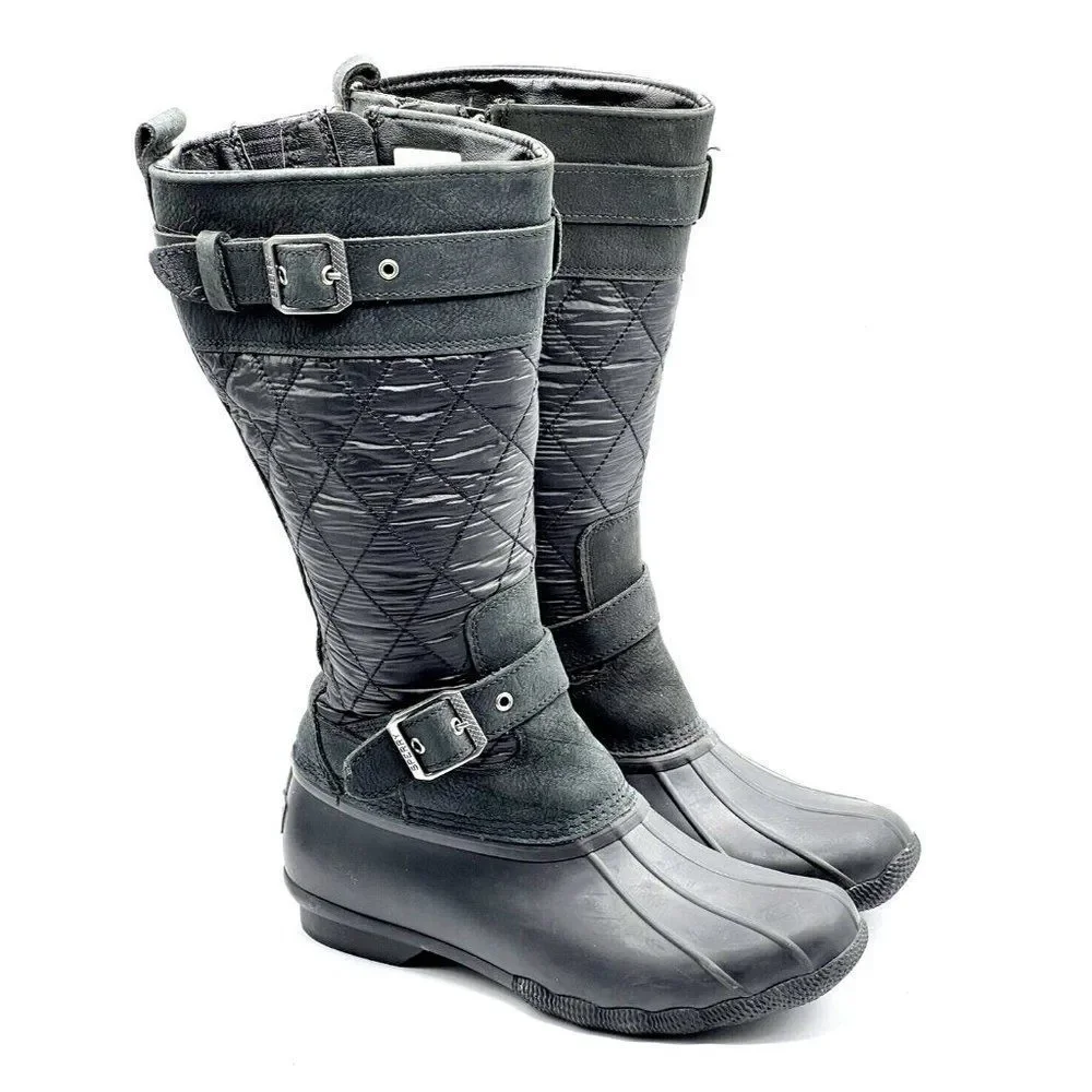 Sperry Saltwater Tall Buckle Nylon Quilt Rain Boot Black Women's Size 7.5 - Picture 1 of 10
